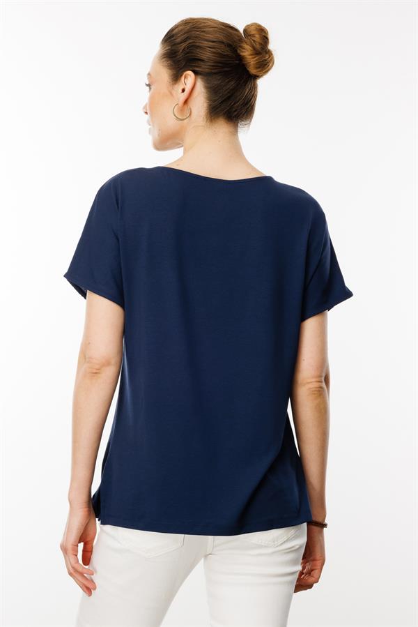Kadın Sıfır Yaka Önü Cepli Penye T-shirt Lacivert
