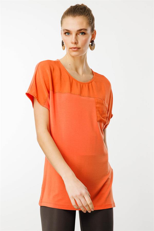 Kadın Sıfır Yaka Önü Cepli Penye T-shirt Oranj