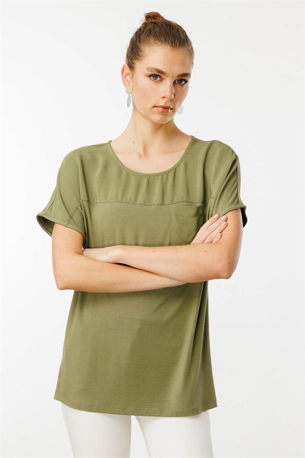 Kadın Sıfır Yaka Önü Cepli Penye T-shirt Haki