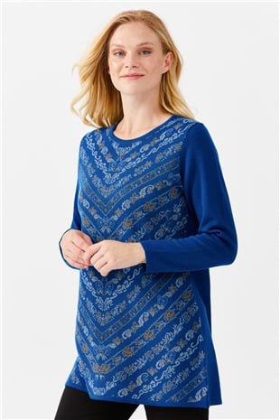 Женская длинная туника с цветочным принтом и круглым вырезом, ярко синяя