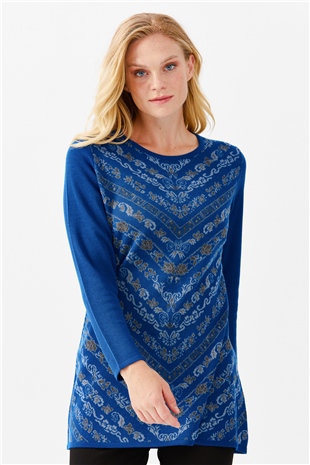 Женская длинная туника с цветочным принтом и круглым вырезом, ярко синяя