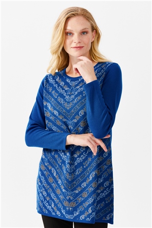 Женская длинная туника с цветочным принтом и круглым вырезом, ярко синяя
