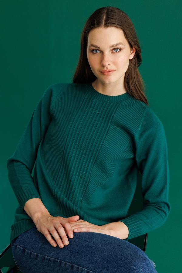 Kadın Sıfır Yaka Önü Çizgili Örgü Kazak Ö.Başı