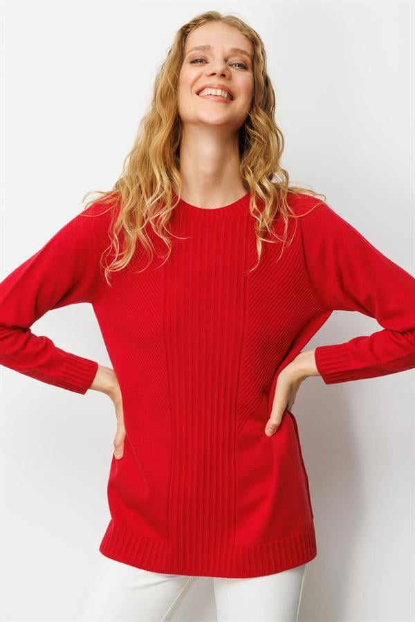 Kadın Sıfır Yaka Önü Çizgili Örgü Kazak K.Kırmızı