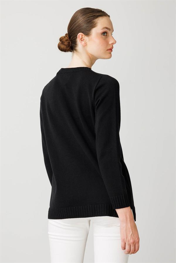 Kadın Sıfır Yaka Önü Çizgili Örgü Kazak Siyah