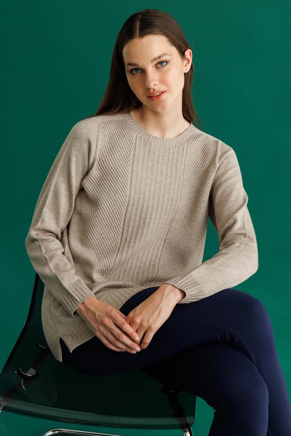 Kadın Sıfır Yaka Önü Çizgili Örgü Kazak Vizon