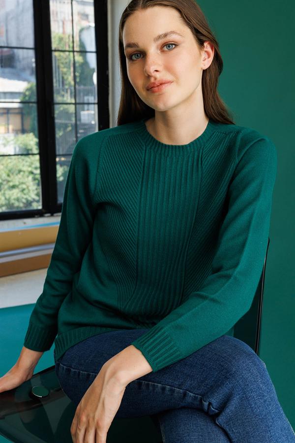 Kadın Sıfır Yaka Önü Çizgili Örgü Kazak Ö.Başı