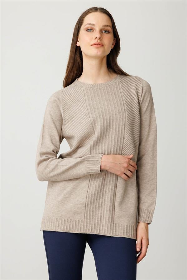 Kadın Sıfır Yaka Önü Çizgili Örgü Kazak Vizon