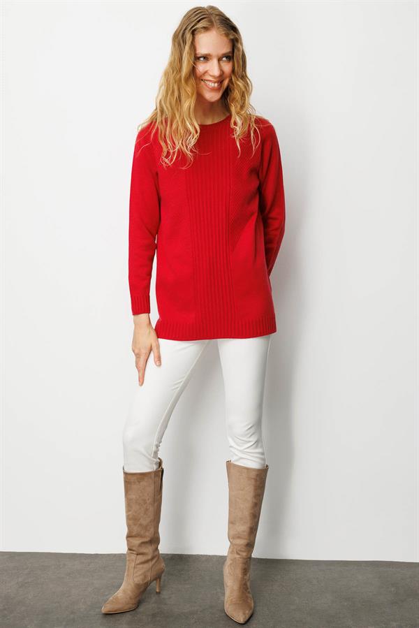 Kadın Sıfır Yaka Önü Çizgili Örgü Kazak K.Kırmızı