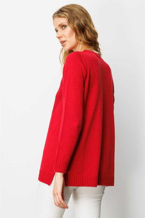 Kadın Sıfır Yaka Önü Çizgili Örgü Kazak K.Kırmızı