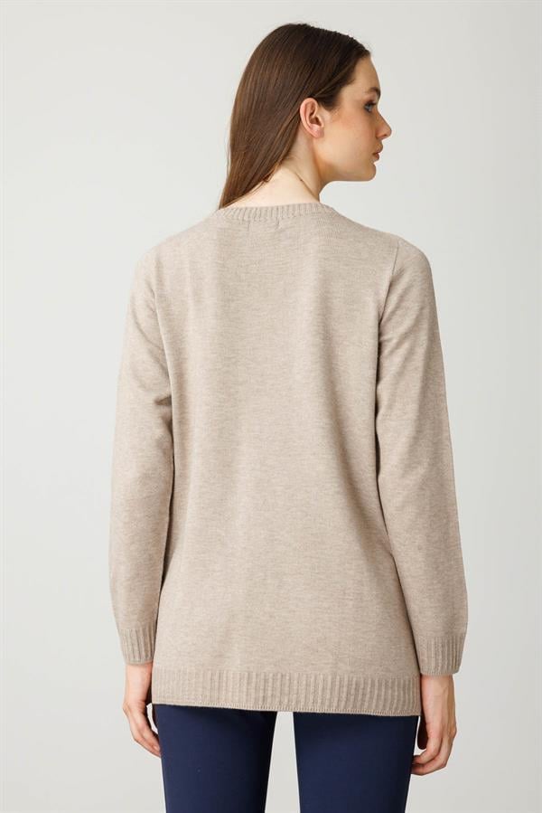 Kadın Sıfır Yaka Önü Çizgili Örgü Kazak Vizon