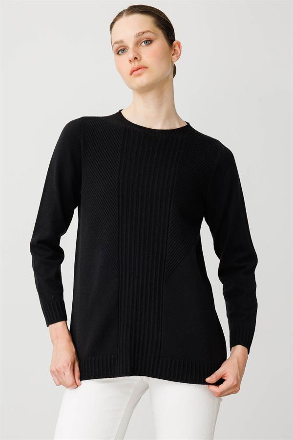 Kadın Sıfır Yaka Önü Çizgili Örgü Kazak Siyah