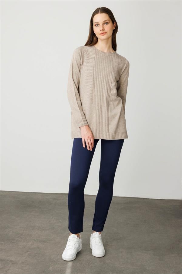 Kadın Sıfır Yaka Önü Çizgili Örgü Kazak Vizon