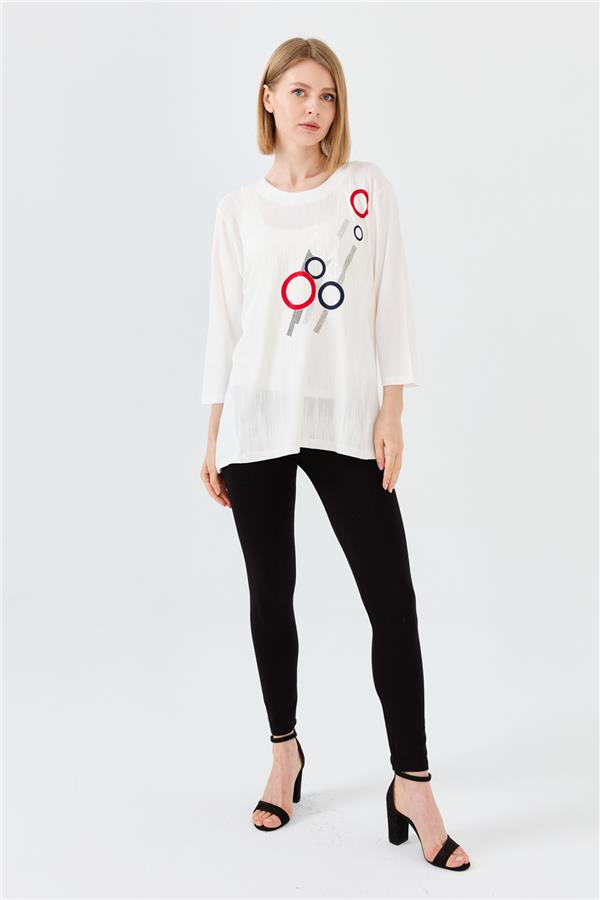 Женская хлопковая блуза с рисунком спереди цвета слоновой кости