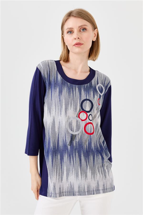 Женская хлопковая блуза с рисунком спереди темно синяя
