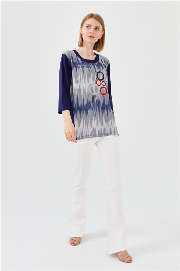 Женская хлопковая блуза с рисунком спереди темно синяя