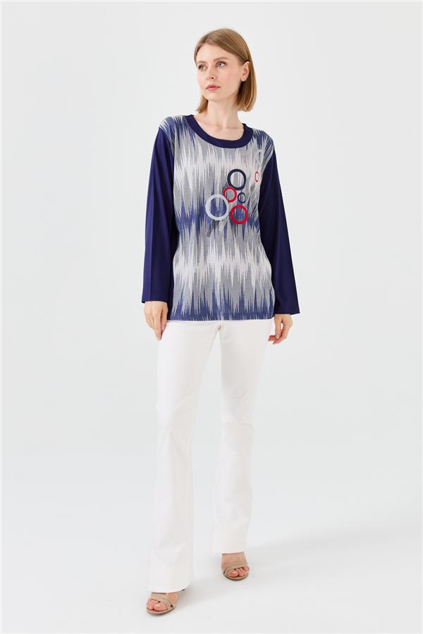 Женская хлопковая блуза с рисунком спереди с длинным рукавом цвета темно синяя