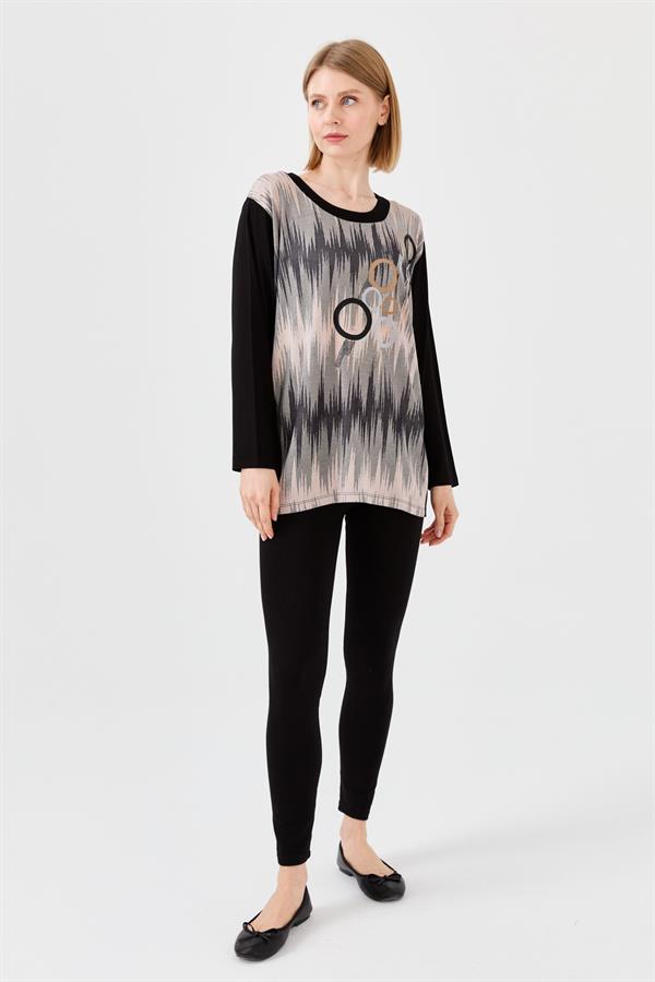 Женская хлопковая блуза с рисунком спереди с длинным рукавом цвета черная