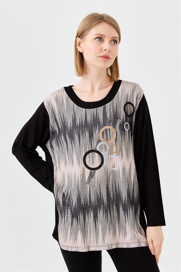 Женская хлопковая блуза с рисунком спереди с длинным рукавом цвета черная