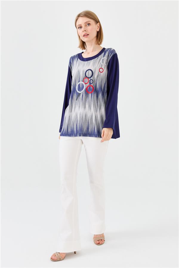 Женская хлопковая блуза с рисунком спереди с длинным рукавом цвета темно синяя