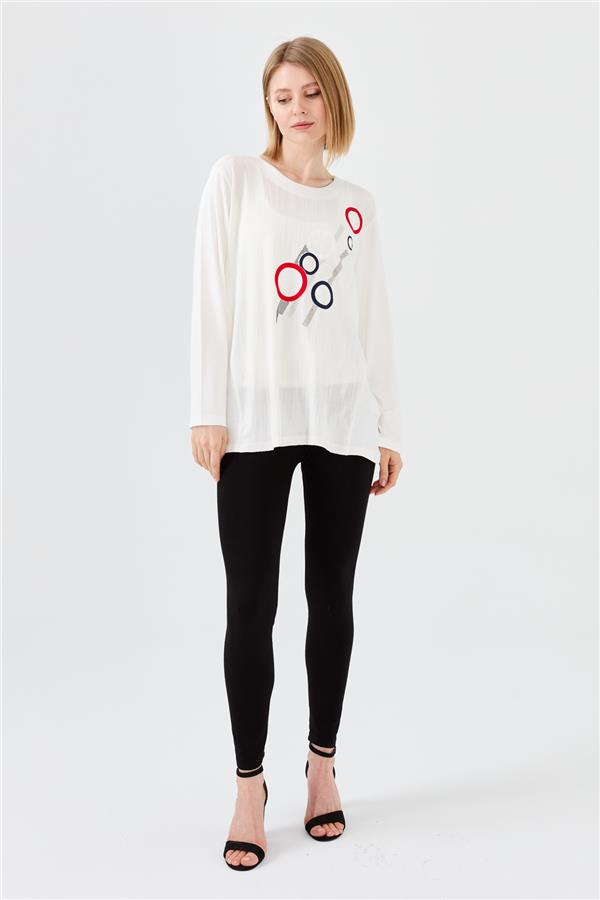 Женская хлопковая блуза с рисунком спереди с длинным рукавом цвета слоновой кости