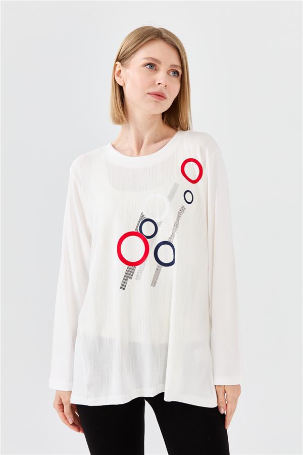 Женская хлопковая блуза с рисунком спереди с длинным рукавом цвета слоновой кости