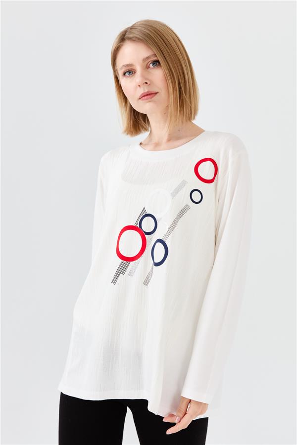 Женская хлопковая блуза с рисунком спереди с длинным рукавом цвета слоновой кости