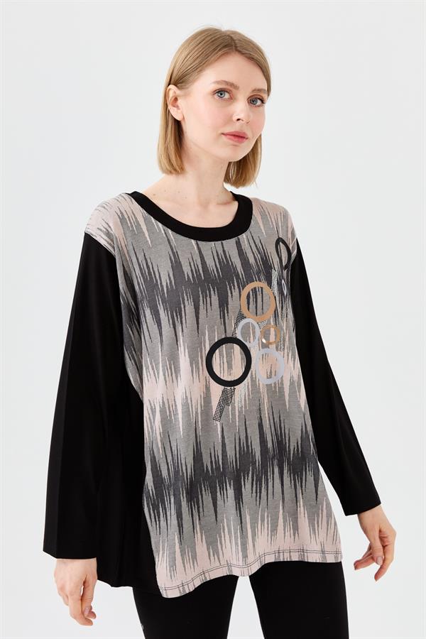 Женская хлопковая блуза с рисунком спереди с длинным рукавом цвета черная