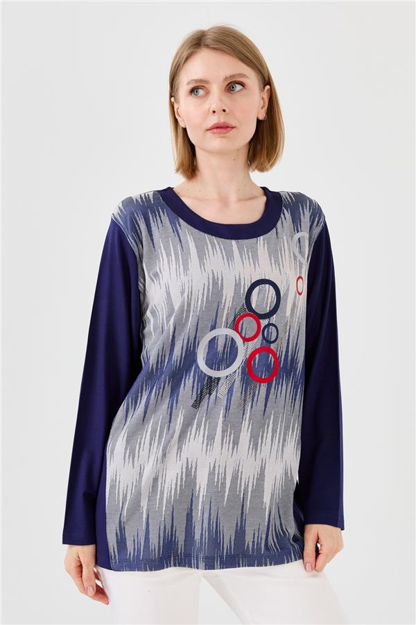 Женская хлопковая блуза с рисунком спереди с длинным рукавом цвета темно синяя