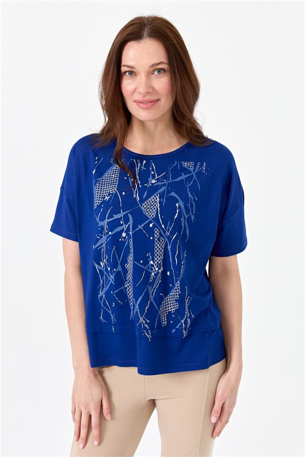 Kadın Sıfır Yaka Önü File Baskılı Penye T-shirt Saks