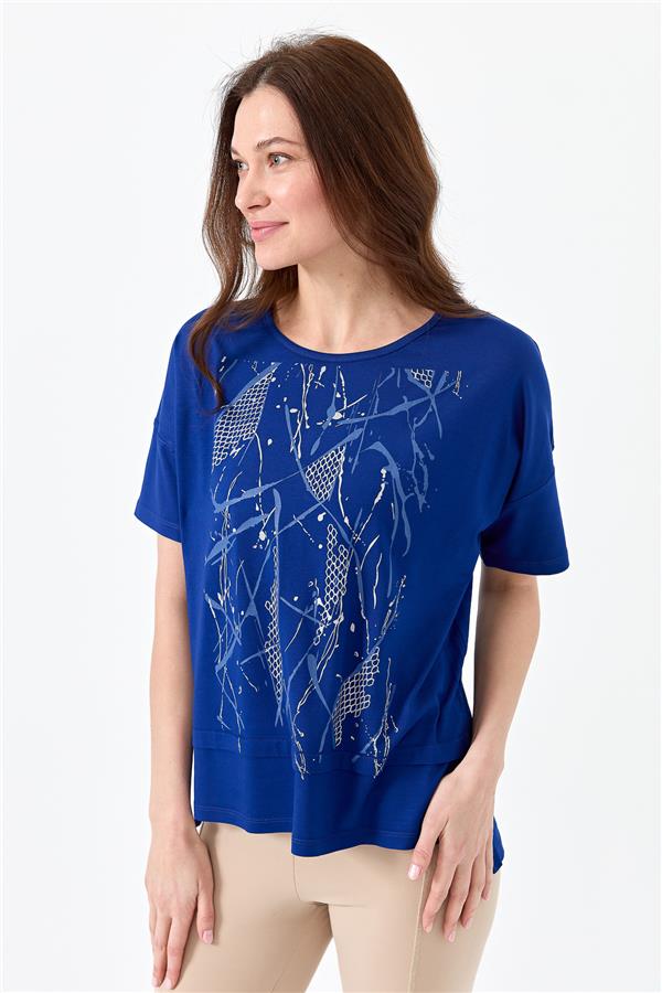 Kadın Sıfır Yaka Önü File Baskılı Penye T-shirt Saks