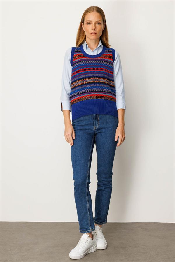 Kadın Sıfır Yaka Önü Jakarlı Yün Süveter K.S.Mavi