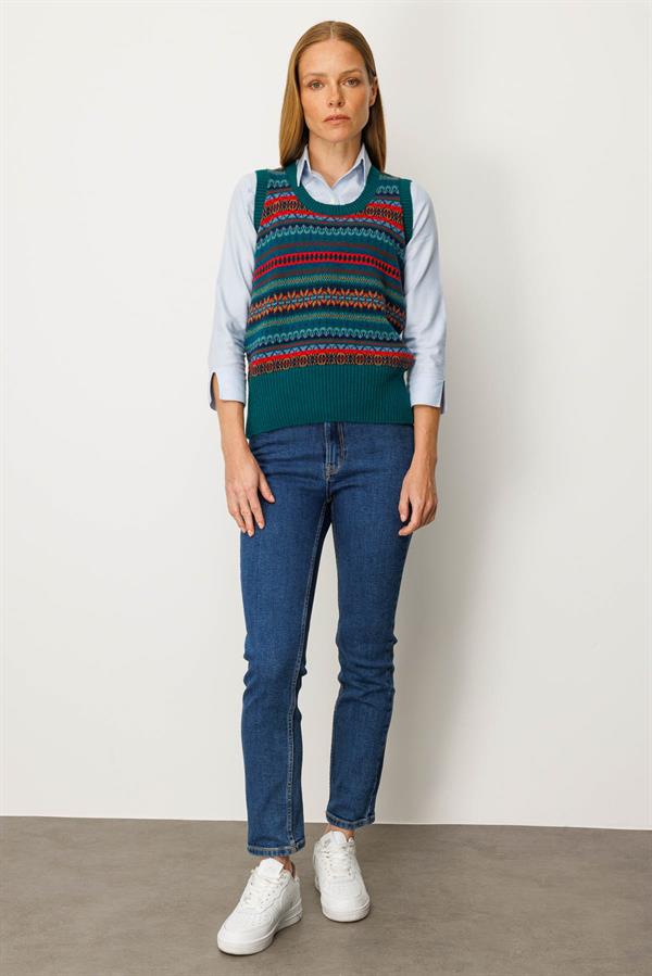 Kadın Sıfır Yaka Önü Jakarlı Yün Süveter K.Ö.başı