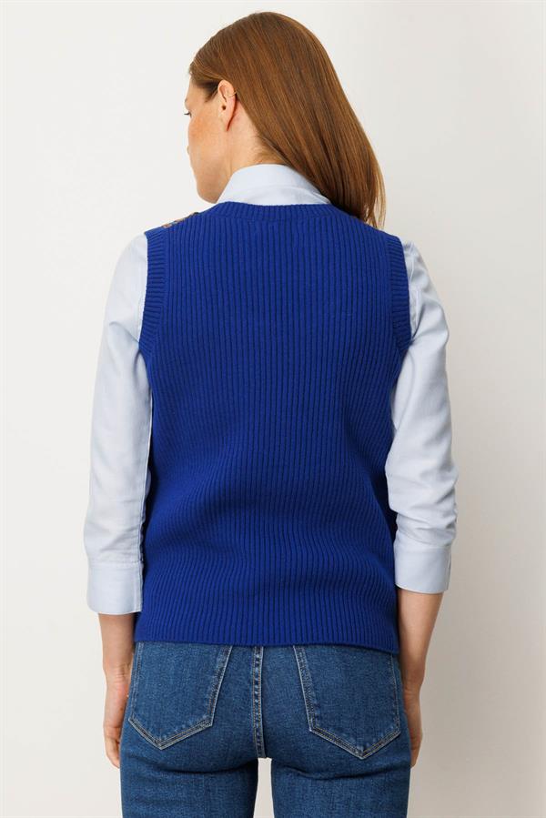 Kadın Sıfır Yaka Önü Jakarlı Yün Süveter K.S.Mavi