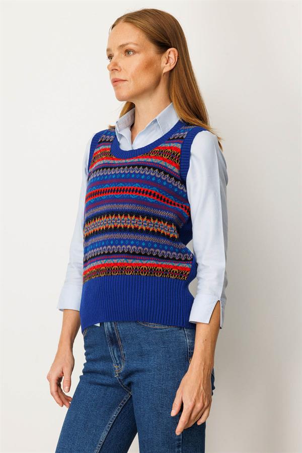 Kadın Sıfır Yaka Önü Jakarlı Yün Süveter K.S.Mavi