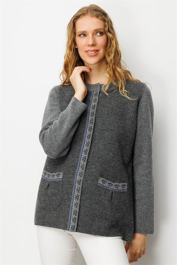 Kadın Sıfır Yaka Önü Keçe Kısa Yün Ceket Füme