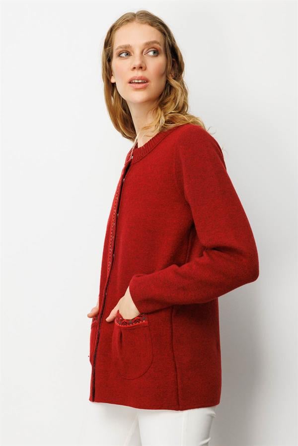 Kadın Sıfır Yaka Önü Keçe Kısa Yün Ceket Y.Kırmızı