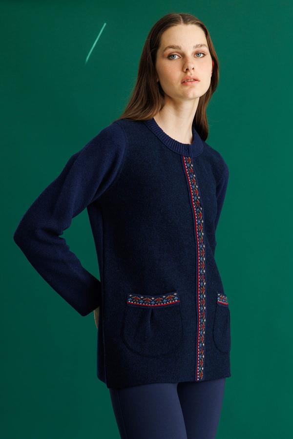 Kadın Sıfır Yaka Önü Keçe Kısa Yün Ceket Y.A Lacivert