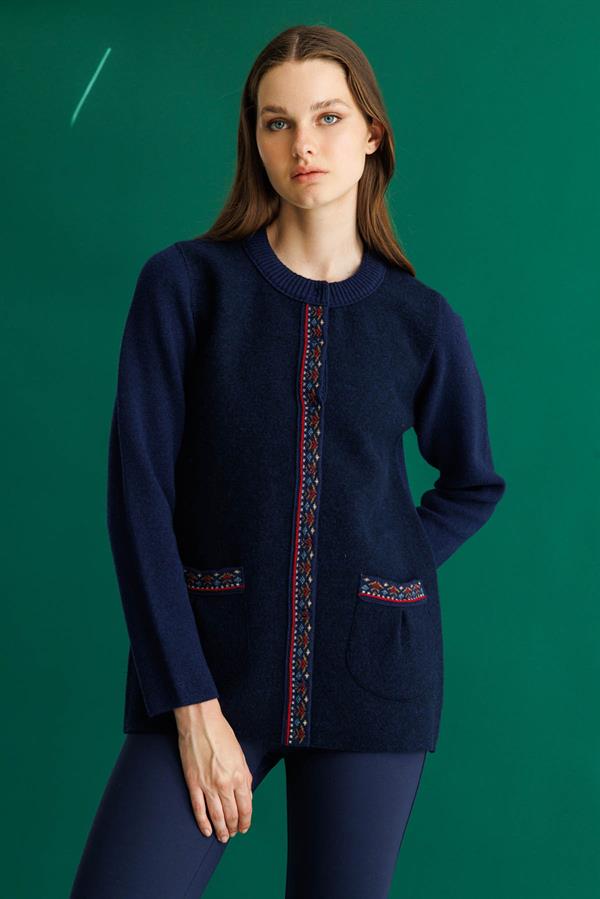 Kadın Sıfır Yaka Önü Keçe Kısa Yün Ceket Y.A Lacivert