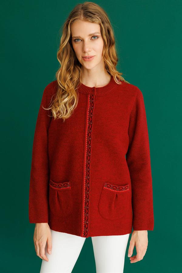 Kadın Sıfır Yaka Önü Keçe Kısa Yün Ceket Y.Kırmızı