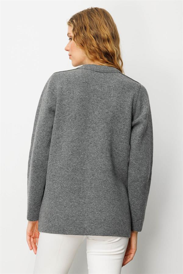 Kadın Sıfır Yaka Önü Keçe Kısa Yün Ceket Füme