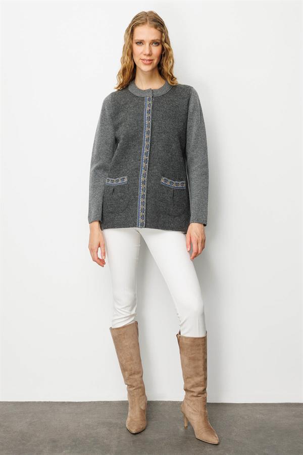 Kadın Sıfır Yaka Önü Keçe Kısa Yün Ceket Füme
