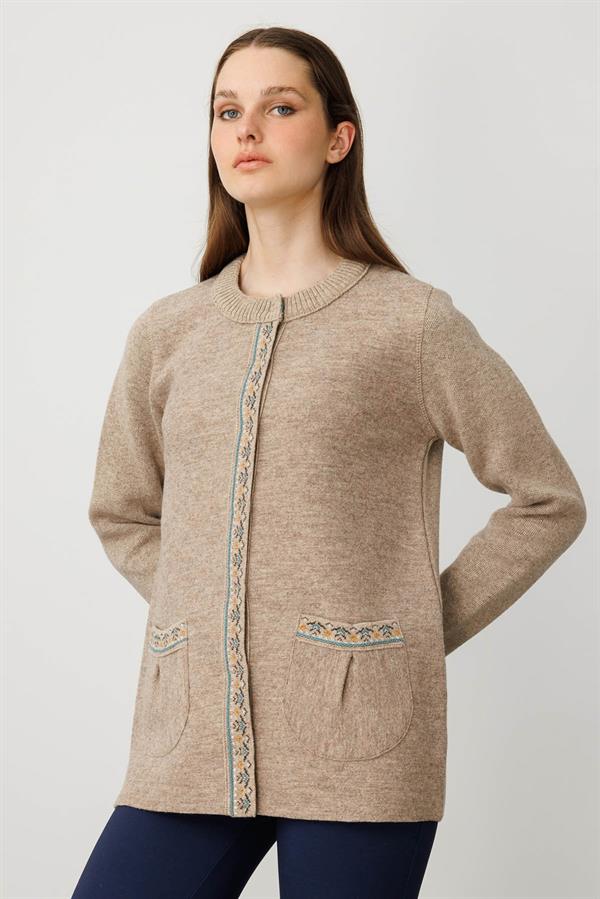 Kadın Sıfır Yaka Önü Keçe Kısa Yün Ceket K.Bej