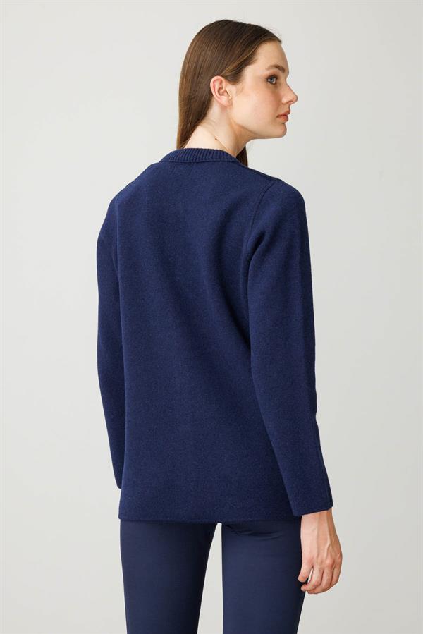 Kadın Sıfır Yaka Önü Keçe Kısa Yün Ceket Y.A Lacivert