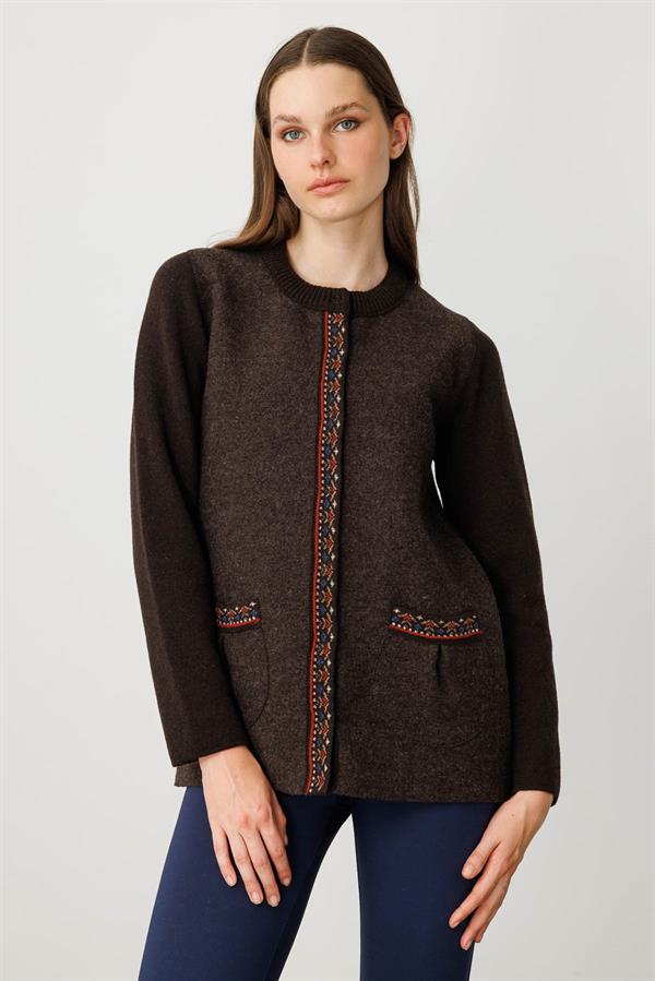 Kadın Sıfır Yaka Önü Keçe Kısa Yün Ceket K.Kahve