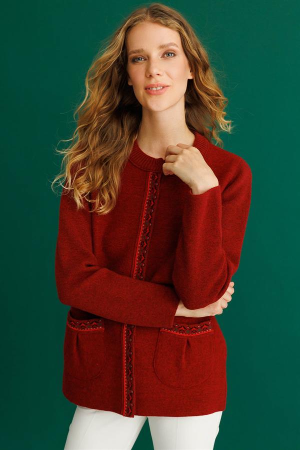 Kadın Sıfır Yaka Önü Keçe Kısa Yün Ceket Y.Kırmızı