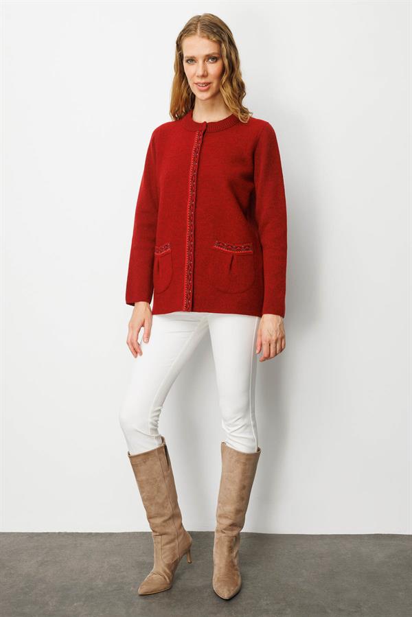 Kadın Sıfır Yaka Önü Keçe Kısa Yün Ceket Y.Kırmızı