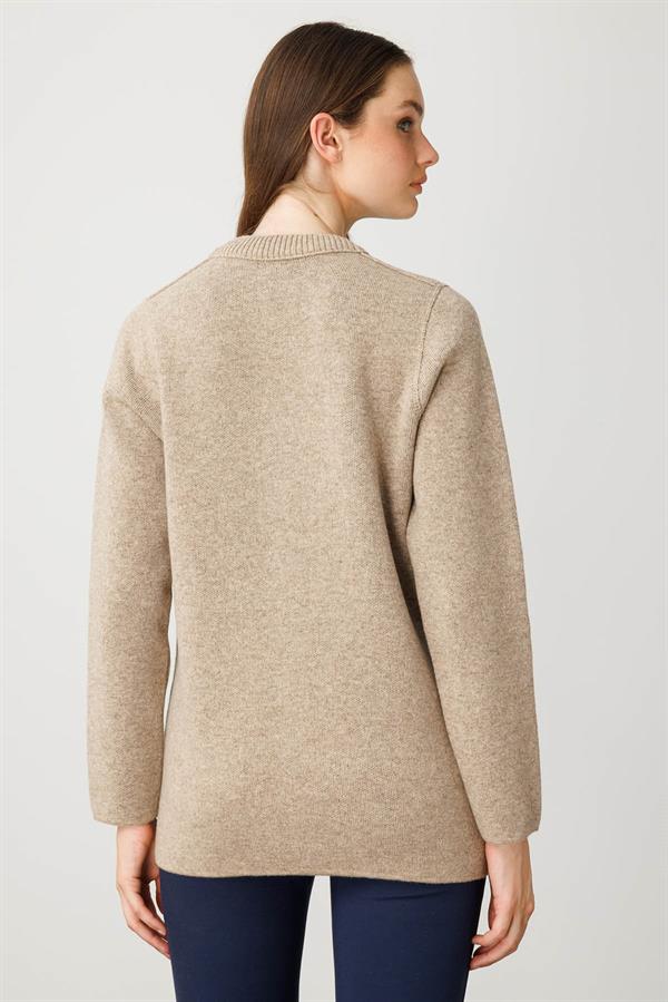 Kadın Sıfır Yaka Önü Keçe Kısa Yün Ceket K.Bej