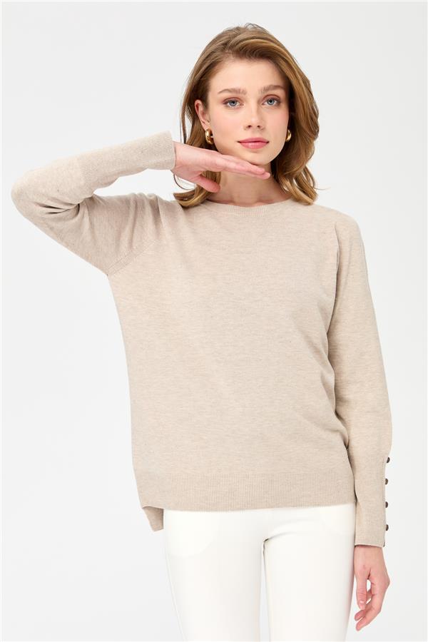 Womens Crew Neck Short Front Long Back Sweater Beige