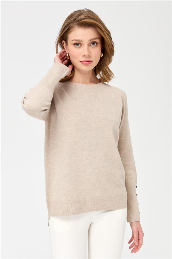 Womens Crew Neck Short Front Long Back Sweater Beige
